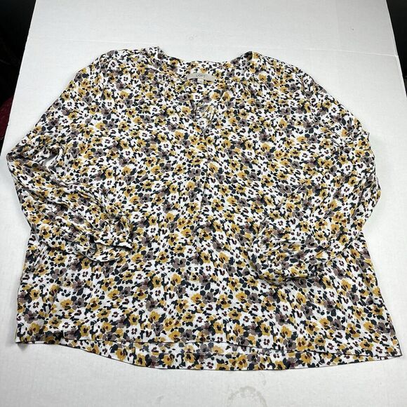 LOFT Split Neck Blouse Floral Long Sleeve Modern Romantic Casual Chic Top XL